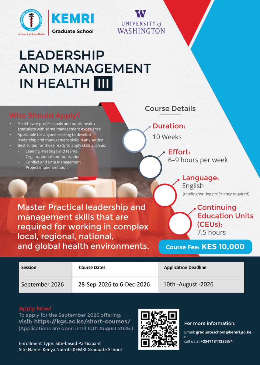 itsBundi's tweet photo. 📢 Ready to level up your public health and research skills?
Join @KEMRI_Kenya Graduate School's latest short courses:
✅ Noncommunicable Diseases in Global Health
✅ Leadership &amp; Management in Health III
✅ Data Analysis Bootcamp using R
Apply now: https://t.co/TqXXlTRWYY https://t.co/z82OSvJg2C