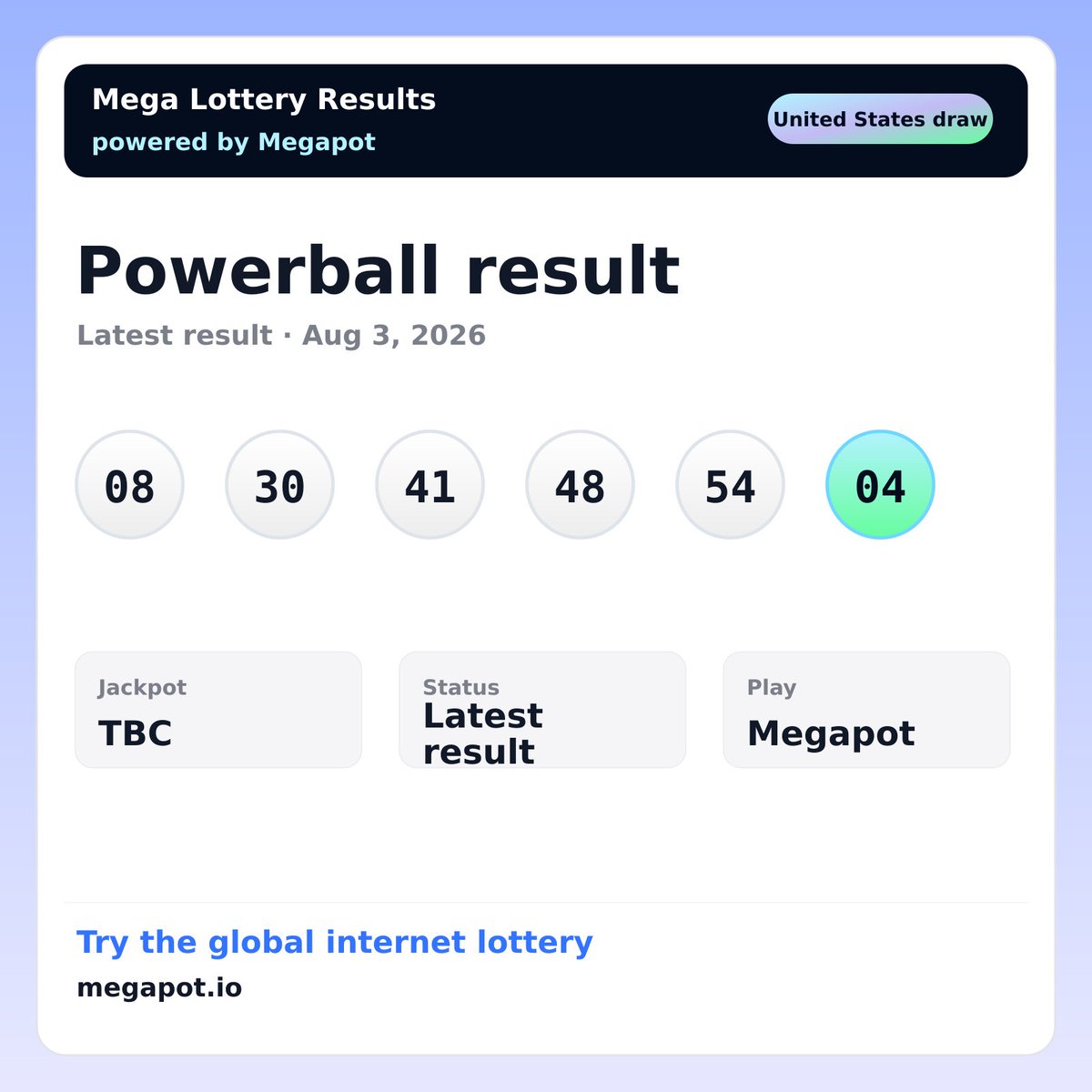 NewportProtocol's tweet photo. Powerball winning numbers for Monday, August 3, 2026
Numbers: 08 30 41 48 54
Powerball: 04
Try the global internet lottery: https://t.co/AdfqUWph5K https://t.co/6HttcxFnrh