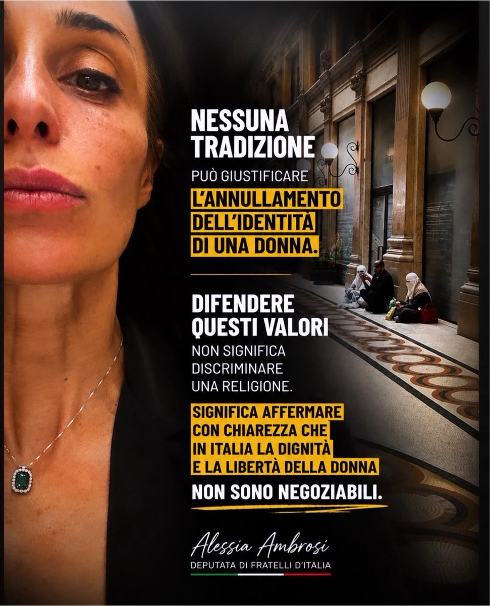 AleAmbrosiTW's tweet photo. Perfettamente d’accordo con il ministro #Valditara: vietare il burqa è giusto.
Annientare l’identità della donna non può essere consentito nei Paesi occidentali! https://t.co/v47fp2QCKx