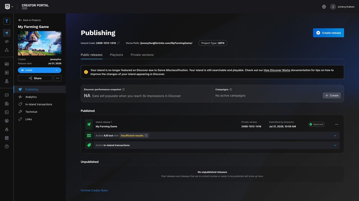 ImmatureGamer's tweet photo. 🚨 Fortnite Discover is getting more transparent

Starting August 5, Creator Portal will notify you when a published island is not eligible for Discover, including the reason why.

Examples include:
• Genre misclassification
• Duplicative content
• Minimal gameplay https://t.co/YFOQPO0acg