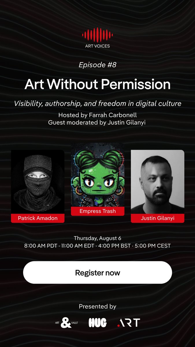 FARRAHCARBONELL's tweet photo. Join us for ART WITHOUT PERMISSION, examining how platforms, markets, institutions and communities are reshaping artistic autonomy.

With Patrick Amadon (@amadon), multidisciplinary artist, and Empress Trash (@EmpressTrash), artist, builder & curator.

Live Thursday.
Aug 6 · 8 AM PT · 11 AM ET · 4 PM BST · 5 PM CEST

Moderator: Justin Gilanyi (@JustinGilanyi), curator, collector & cultural strategist.

Host: Farrah Carbonell (@farrahcarbonell), Founder & Artistic Director, ART & VAULT.

https://t.co/W5C4nZDYSn
@ARTANDVAULT × @theHUGart × @Art_Domains
