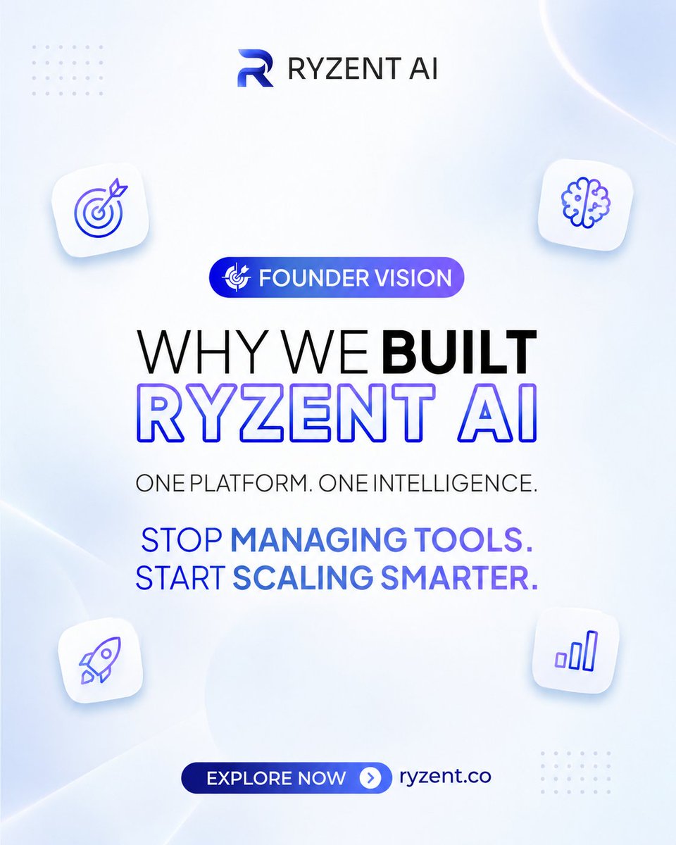 siaryzent's tweet photo. Why did we build @RyzentAI? 🧵

Because managing a dozen disconnected tools shouldn't get in the way of real growth.

One Platform. One Intelligence.

Stop managing tools. Start scaling smarter. 🚀

Explore the vision 👇 🌐 https://t.co/PARjh5jhw6 https://t.co/yfzFUF7HYW