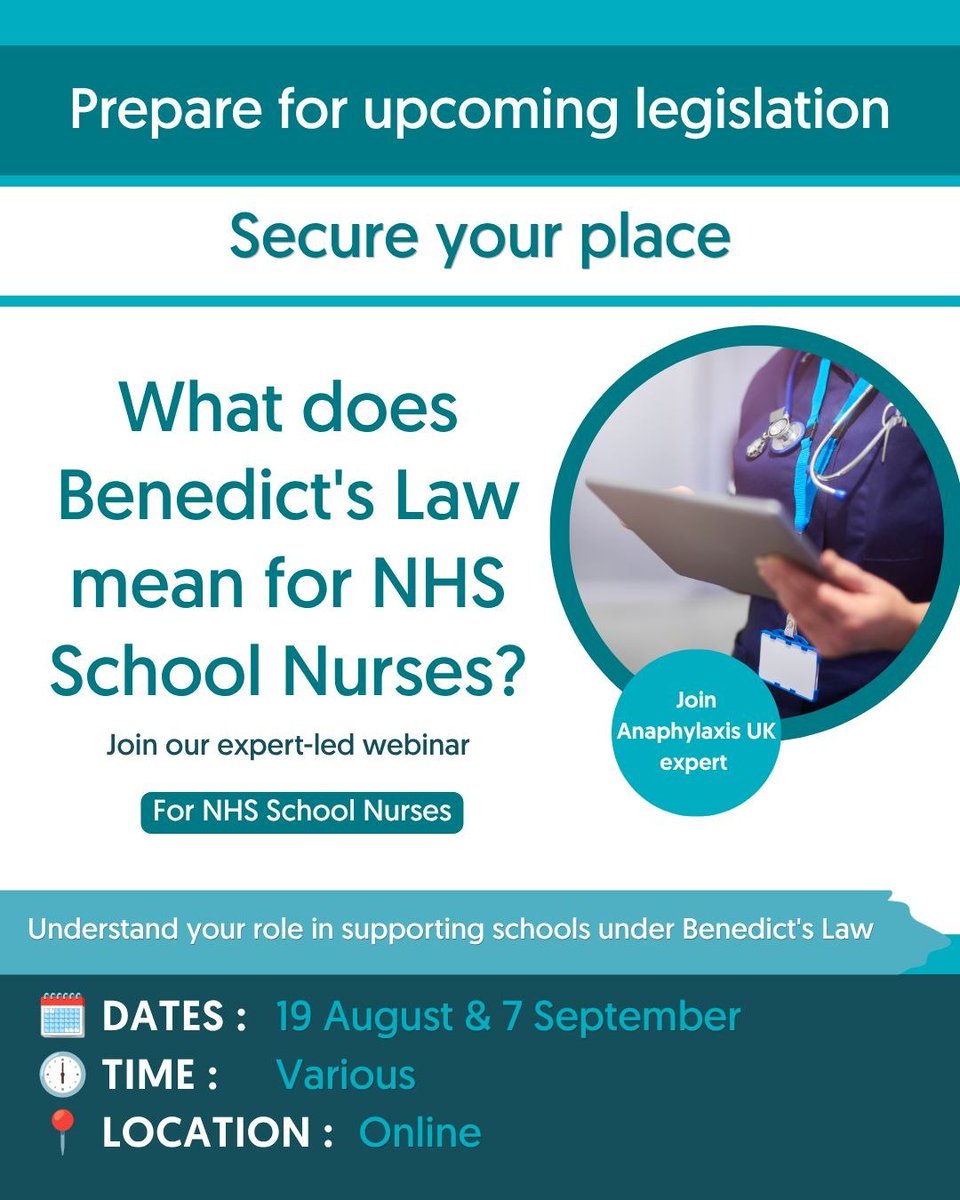 Action4FirstAid's tweet photo. @NHSDorset school nurses!

Join @AnaphylaxisUK for an informative webinar designed to help gain a clear understanding of the latest guidance relating to child allergies. 

DATES:
Wed 19th Aug - (17:30 - 18:30)
Mon 7th Sept (09:30 - 10:30)

Secure places: https://t.co/pWCSMC0H32 https://t.co/sDPkOJPNDH