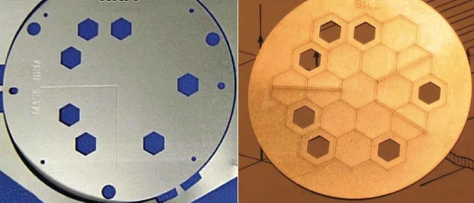 A prototype of NASA’s James Webb Space Telescope’s NIRISS (Near Infrared Imager and Slitless Spectrograph) non-redundant mask with seven hexagonal pinholes with outlines of the telescope’s primary mirror segments and secondary mirror support struts. When light passes through these pinholes, it creates a pattern of overlapping light waves. Similar to overlapping waves in water, these light waves can interfere constructively (combine together) or destructively (cancel out) with each other, creating a complex pattern of light and dark spots known as fringes.