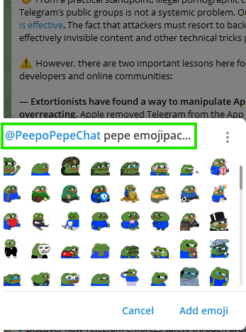 hollowtradr's tweet photo. Another @durov post featuring the $PEEPO emoj pack that links directly to the @PeepoCoinOnTon telegram group.

Probably nothing. https://t.co/W0uA4xGBrM