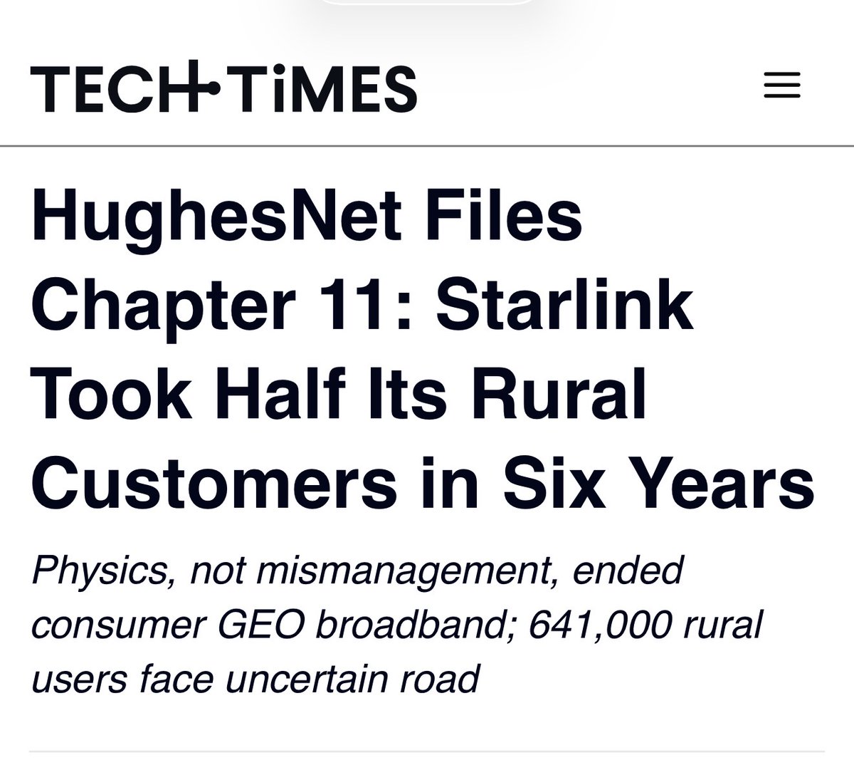 SawyerMerritt's tweet photo. Hughesnet CEO in 2020 on SpaceX's @Starlink: "The economics are not going to be a big advantage for Starlink. In fact, it's going to make our offerings much more attractive."

Hughesnet in 2026: Files for bankruptcy https://t.co/ITvjOjz3Qv