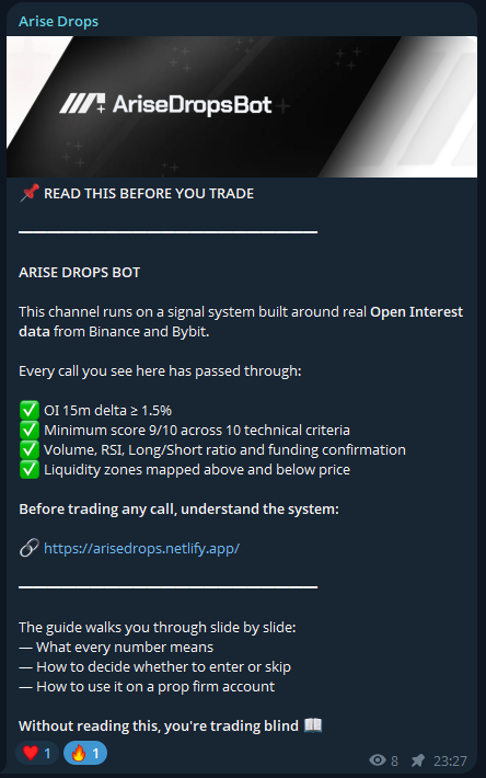 theagnft's tweet photo. It's a pleasure to announce Arise Drops Bot is officially live 🔥

A real-time futures screener watching 1,200+ pairs on Binance + Bybit

Only alerts when:

✅ OI 15m delta ≥ 1.5%
✅ Score 9/10 across 10 technical criteria
✅ Volume, RSI, L/S ratio + funding confirmed
✅ Liquidity zones mapped above and below