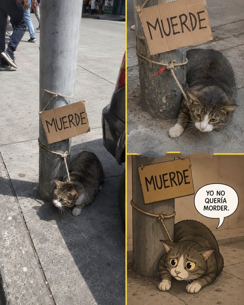 Snoow_Ball_06's tweet photo. LO ENCONTRÉ AMARRADO A UN POSTE CON UN CARTÓN QUE DECÍA MUERDE. EL LETRERO LOGRÓ QUE TODOS LE TUVIERAN MIEDO ANTES DE MIRARLO BIEN.

El gato estaba pegado al piso y temblaba cada vez que alguien pasaba. La cuerda era tan corta que apenas podía moverse alrededor del poste. 🐱

Nadie se acercaba.

Algunos leían el cartón, cambiaban de lado y seguían caminando. Él no gruñía ni intentaba atacar. Solo encogía el cuerpo cuando una mano se aproximaba.

Me senté a cierta distancia y esperé. Después de varios minutos dejó de tirar hacia atrás y olió mis dedos sin levantar la cabeza. 😔

Corté la cuerda y lo llevé conmigo. Los primeros días se escondía debajo de una mesa y salía únicamente cuando la casa quedaba en silencio.

Pasaron semanas antes de que aceptara una caricia completa.

Hoy han pasado tres años. Gus duerme atravesado en el sofá, se sube sobre mis piernas y reclama espacio empujándome con la cabeza. 🥺

El cartón decía que mordía. Lo único que hizo aquella tarde fue apretar mi manga con las patas cuando intenté alejarme. ❤️