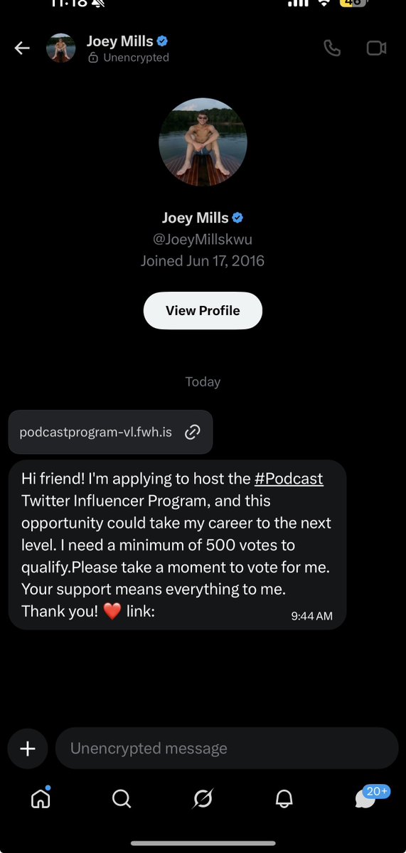 DefThatJason's tweet photo. 🚨 Warning: There’s a widespread phishing scam on X right now. You’re getting DMs (often from real accounts that got hacked) asking you to “vote” for them in a fake “#Podcast Twitter Influencer Program.”

DO NOT click the link! It steals your login and takes over your account. Just ignore, report as spam, and block. Stay safe!