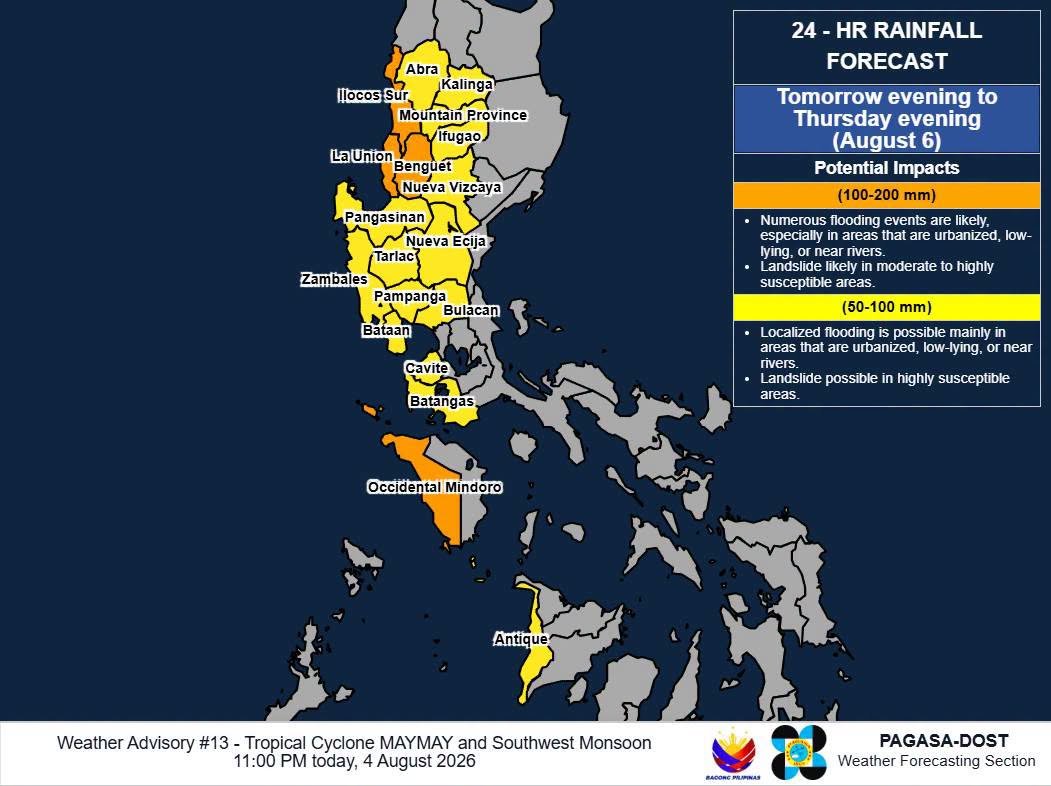 MattWestPacWX's tweet photo. DOST-PAGASA has released the first tropical cyclone bulletin to Tropical Depression #MaymayPH. ⚠️

Things to know: 
• To become a short-lived tropical storm tomorrow, August 4.
• To weaken and become a remnant low by Thursday, August 6.
• To move east-northeastward slowly during the forecast period.
• Landfall scenario in the Ilocos Sur or La Union tomorrow afternoon or evening.
• Tropical Cyclone Wind Signal No. 1 was raised in the whole Ilocos Region, Cordillera Administrative Region, and some portions of the Central Luzon and Cagayan Valley; winds of 39-61 km/h are likely within 36 hours
• Strong-to-gale gusts are expected tomorrow in most parts of the country due to the wind field of Maymay and the Southwest Monsoon* (#HabagatPH).

Weather Advisory (Heavy Rainfall Outlook)
Tonight to tomorrow evening (August 5)
100-200 mm: La Union, Pangasinan, Benguet, and Zambales
50-100 mm: Ilocos Sur, Ifugao, Mountain Province, Tarlac, Nueva Ecija, Bataan, Pampanga, Bulacan, Metro Manila, Rizal, Cavite, Batangas, Laguna, and Occidental Mindoro

Tomorrow evening to Thursday evening (August 6)
100-200 mm: Ilocos Sur, La Union, Benguet, and Occidental Mindoro
50-100 mm: Pangasinan, Abra, Ifugao, Mountain Province, Kalinga, Nueva Vizcaya, Zambales, Bataan, Tarlac, Nueva Ecija, Pampanga, Bulacan, Cavite, Batangas, and Antique

Flashfloods and landslides are possible in low-lying and hazard-prone areas. Stay safe, everyone! ⚠️

📷: PAGASA