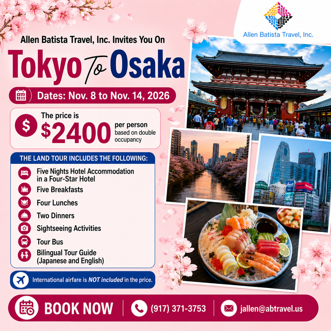 ABTravelUS's tweet photo. The Tokyo to Osaka escorted tour showcases ancient temples, scenic journeys, authenticJapanese cuisine, historic castles and modern city skylines. Join us November 8, 2026 to November 14, 2026 for an adventure of a lifetime.
https://t.co/2guuXWpOdW
#JapanTravel #Tokyo #Osaka https://t.co/FXNJ6Xataw