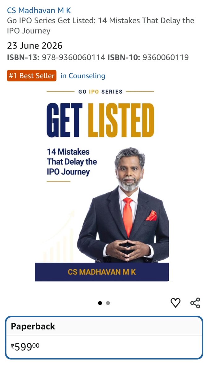 mkaverimadhavan's tweet photo. GET LISTED is now an Amazon #1 Best Seller!

Grateful and humbled that, following GO IPO, my second book has also achieved this milestone.

#AmazonBestSeller #GETLISTED #GoIPO #IPOreadiness #MadhavanMK https://t.co/atEVJXqYcV