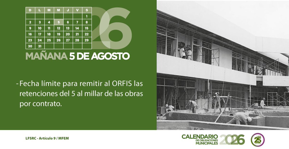 ORFIS_VER's tweet photo. 🗓Mañana 05 de agosto, fecha límite.👇
📌En el #ORFIS hemos creado el Calendario de Obligaciones que les permitirá a las Autoridades Municipales, contribuir en el debido cumplimiento de sus obligaciones en materia de Fiscalización y Rendición de Cuentas.✅
https://t.co/vybDueFKV2 https://t.co/iNU5MflesB