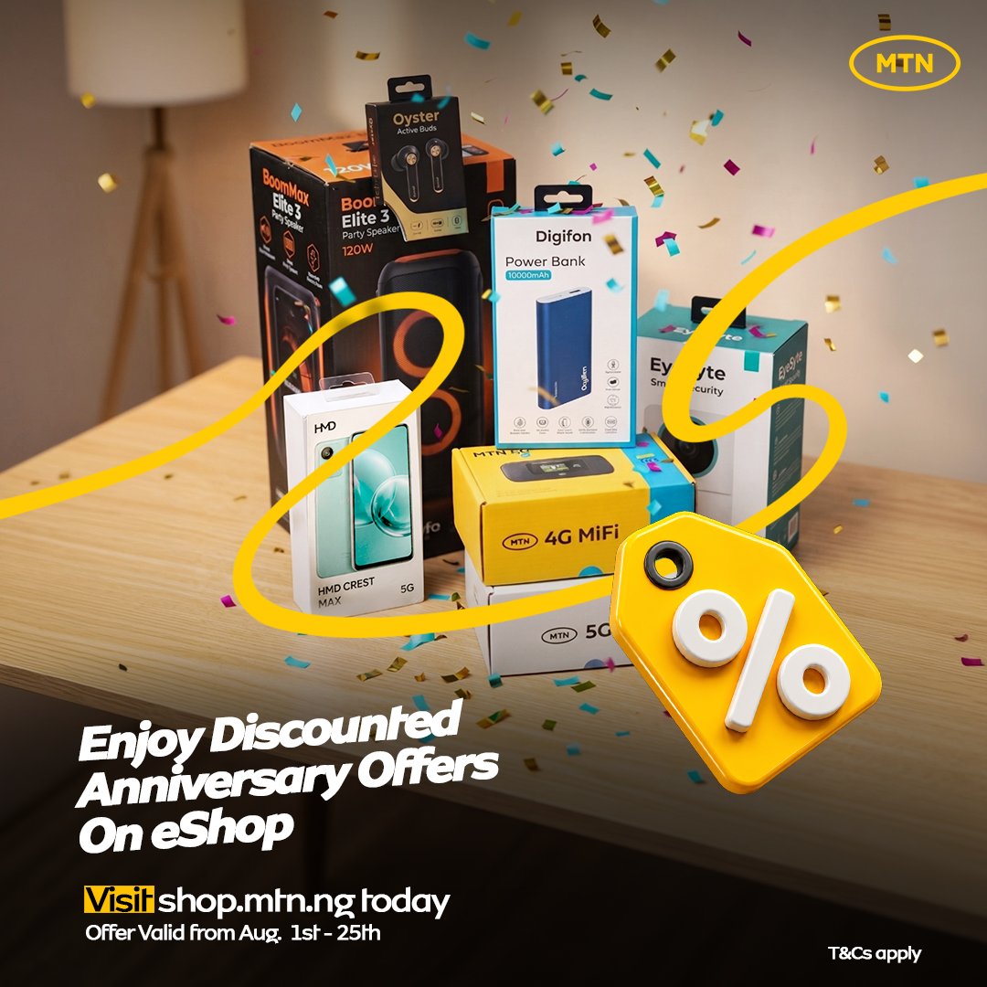MTNNG's tweet photo. Something you’ve been meaning to buy? This is your sign.

MTN eShop Anniversary Deals are here, with discounts on devices, accessories, and everyday tech essentials.

Offer valid until August 25.

LiveIt100