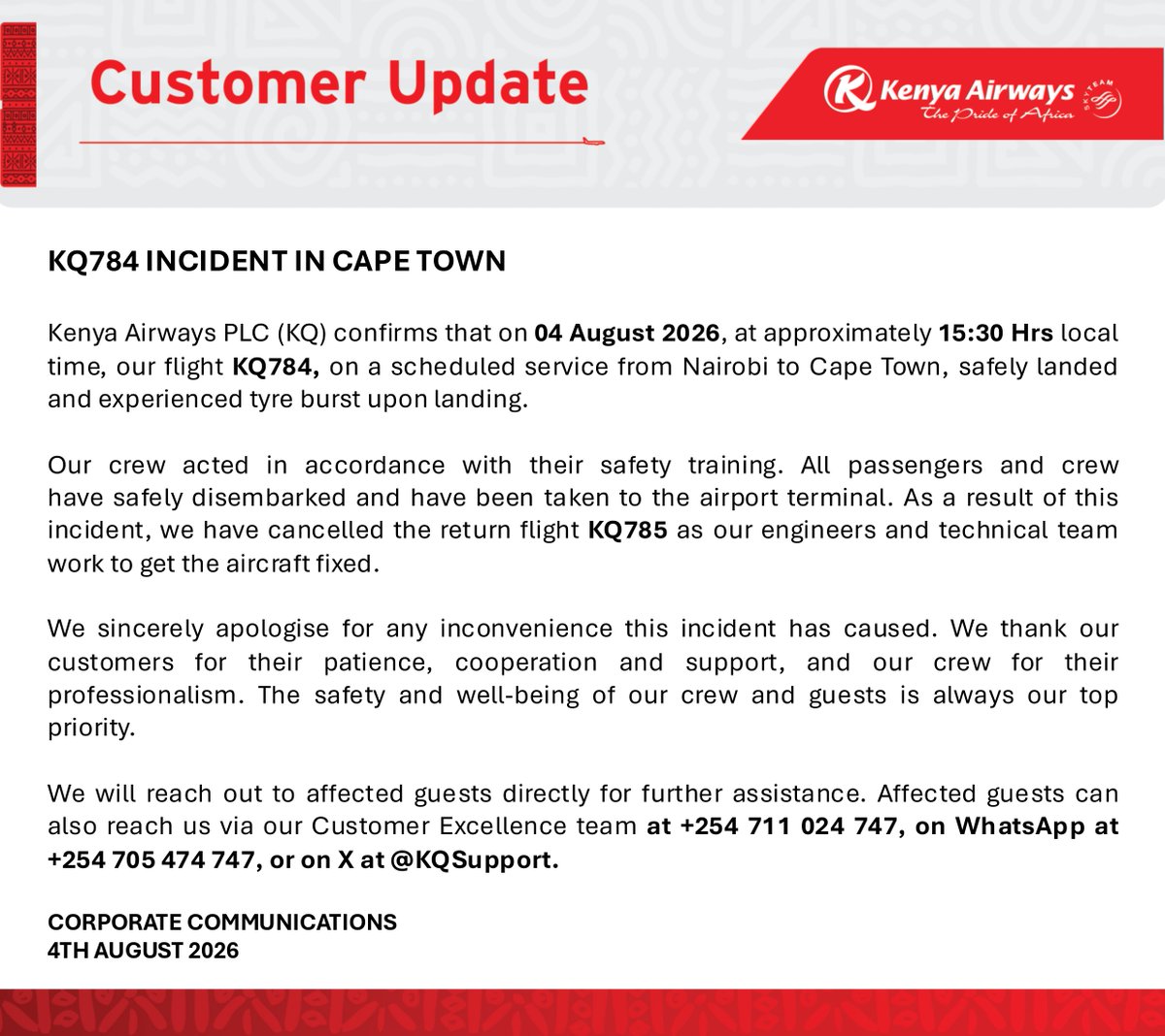 KenyaAirways's tweet photo. Customer Update