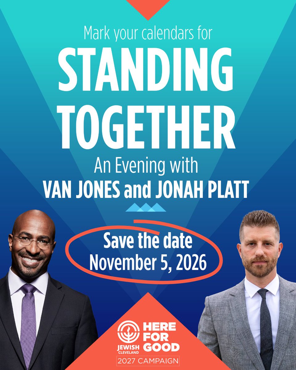 jewishcleveland's tweet photo. Save the date! Join us on 11/5 for Standing Together: An Evening with @VanJones68 and @JonahPlatt — a thought-provoking conversation on leadership, identity, and building bridges. More info and registration coming soon. https://t.co/3Wk3fsnVdf