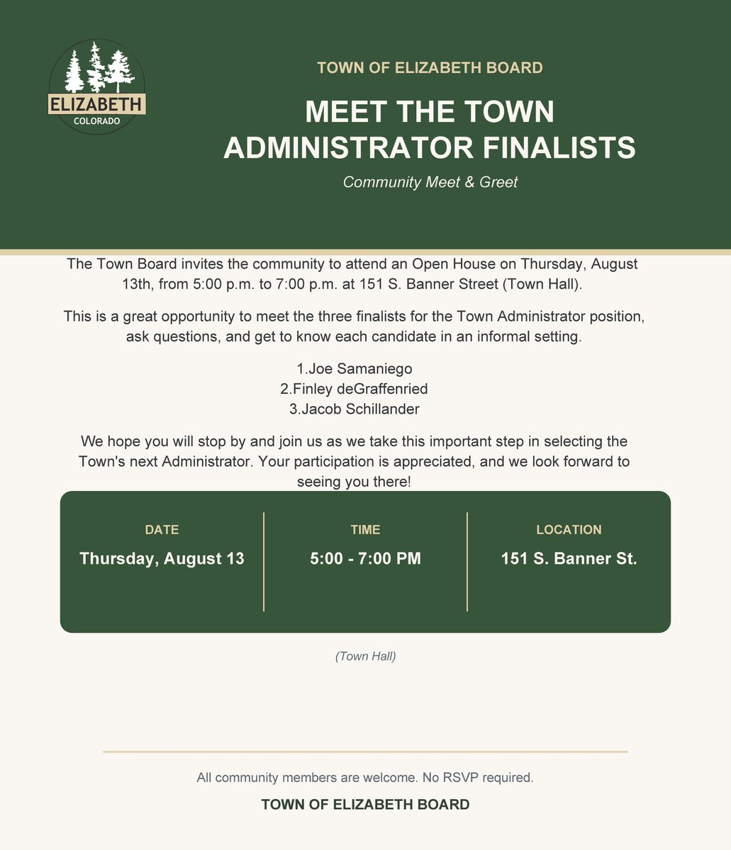 ElizColorado's tweet photo. The Town Board invites the community to attend an Open House on Thursday, August 13, 5-7 pm, at Town Hall.
This is a great opportunity to meet the three finalists for the Town Administrator position, ask questions, and get to know each candidate in an informal setting. https://t.co/EQsRZGAKAY