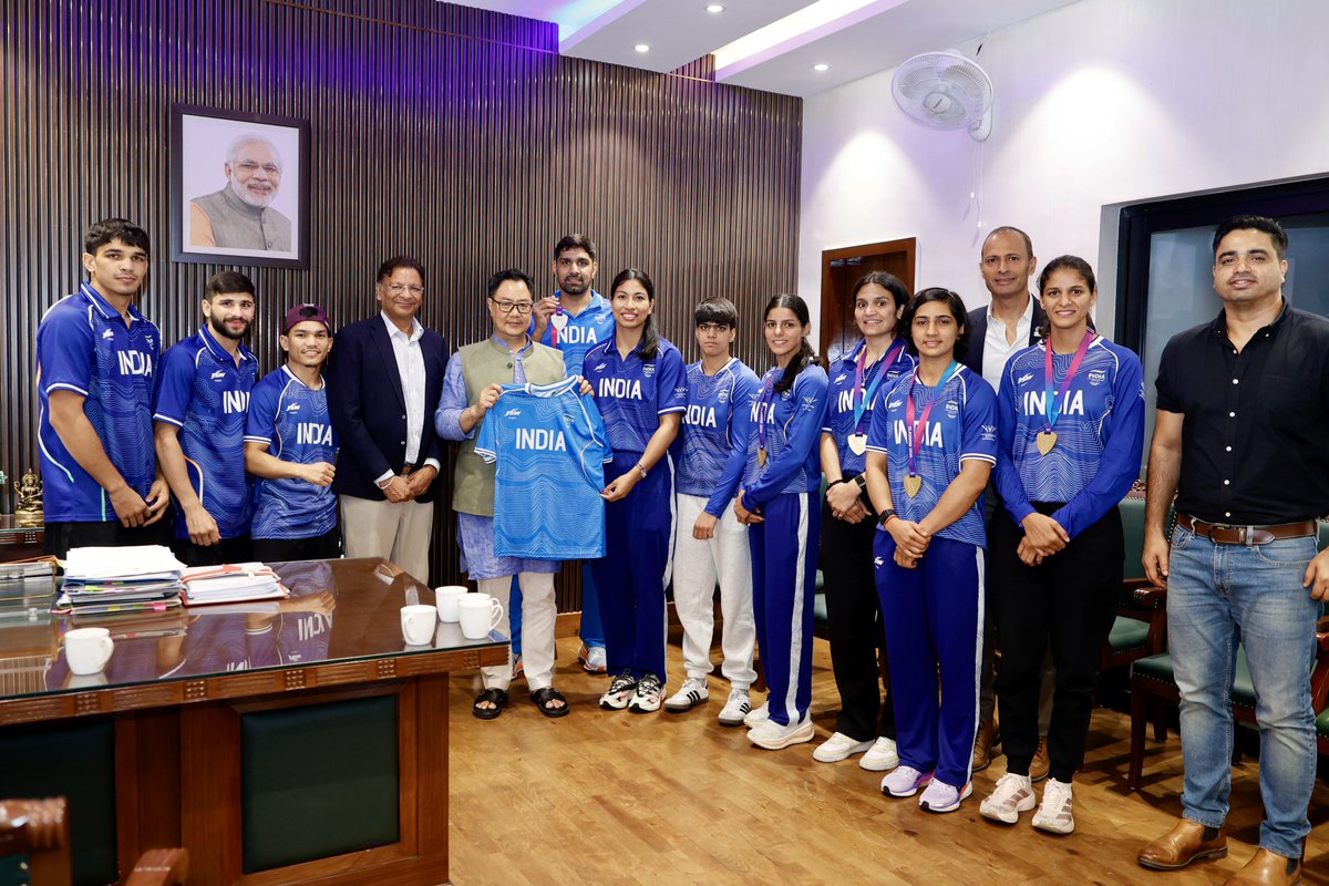 KirenRijiju's tweet photo. India's Boxing Champions returned home after creating history at the Commonwealth Games 2026, Glasgow. Indian Boxers won a record 7 Gold &amp; 3 Silver medals! I also appreciate Boxing Federation of India for its tremendous efforts. Had a pleasant conversation with the athletes. https://t.co/lG9CwcU81e