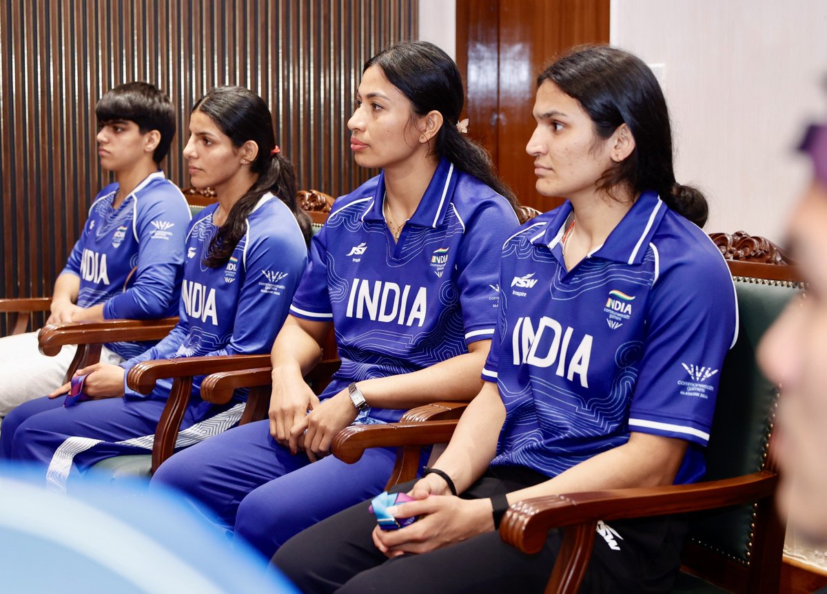 KirenRijiju's tweet photo. India's Boxing Champions returned home after creating history at the Commonwealth Games 2026, Glasgow. Indian Boxers won a record 7 Gold &amp; 3 Silver medals! I also appreciate Boxing Federation of India for its tremendous efforts. Had a pleasant conversation with the athletes. https://t.co/lG9CwcU81e