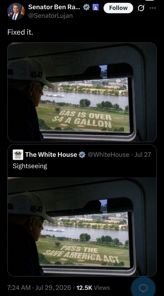paidprotestr's tweet photo. The White House posted a silly graphic of trump looking out the window of Marine One with "PASS THE SAVE AMERICA ACT" emblazoned in the grass of a golf course. People immediately fixed it.

#Trump #FixedIt #slogan #grass #satire https://t.co/NL7rb5sOfF