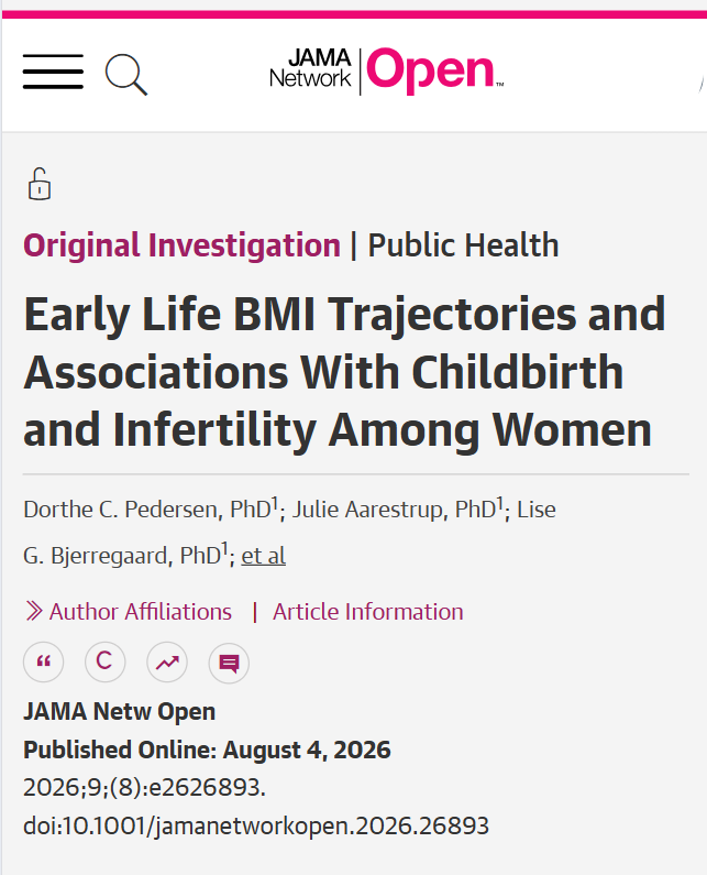 JAMANetworkOpen's tweet photo. #Overweight or #obesity already in childhood was linked to a higher risk of #childlessness among >60,000 Danish women followed from childhood to mid-adulthood. 

https://t.co/gjOSTycNRt https://t.co/GSx2SpMaqx