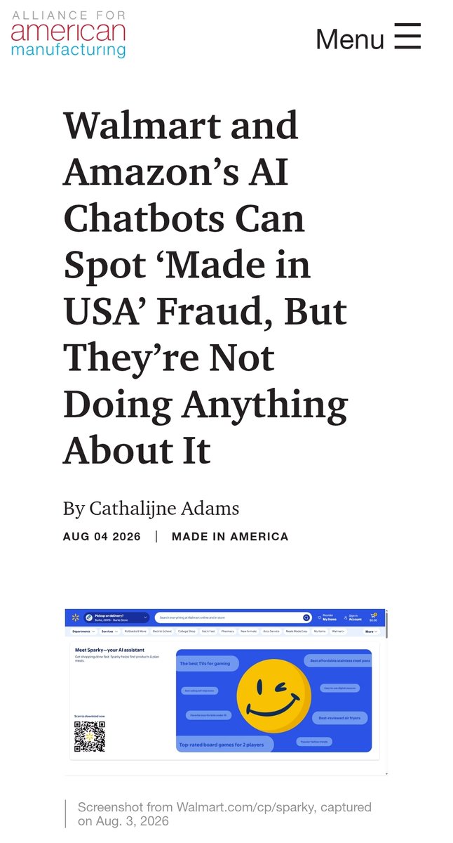 KeepitMadeinUSA's tweet photo. If AI can identify false "Made in USA" claims, should online marketplaces use it to protect consumers?

Walmart and Amazon’s AI Chatbots Can Spot ‘Made in USA’ Fraud, But They’re Not Doing Anything About It!

Thread--> https://t.co/Q8FyHeAKBb