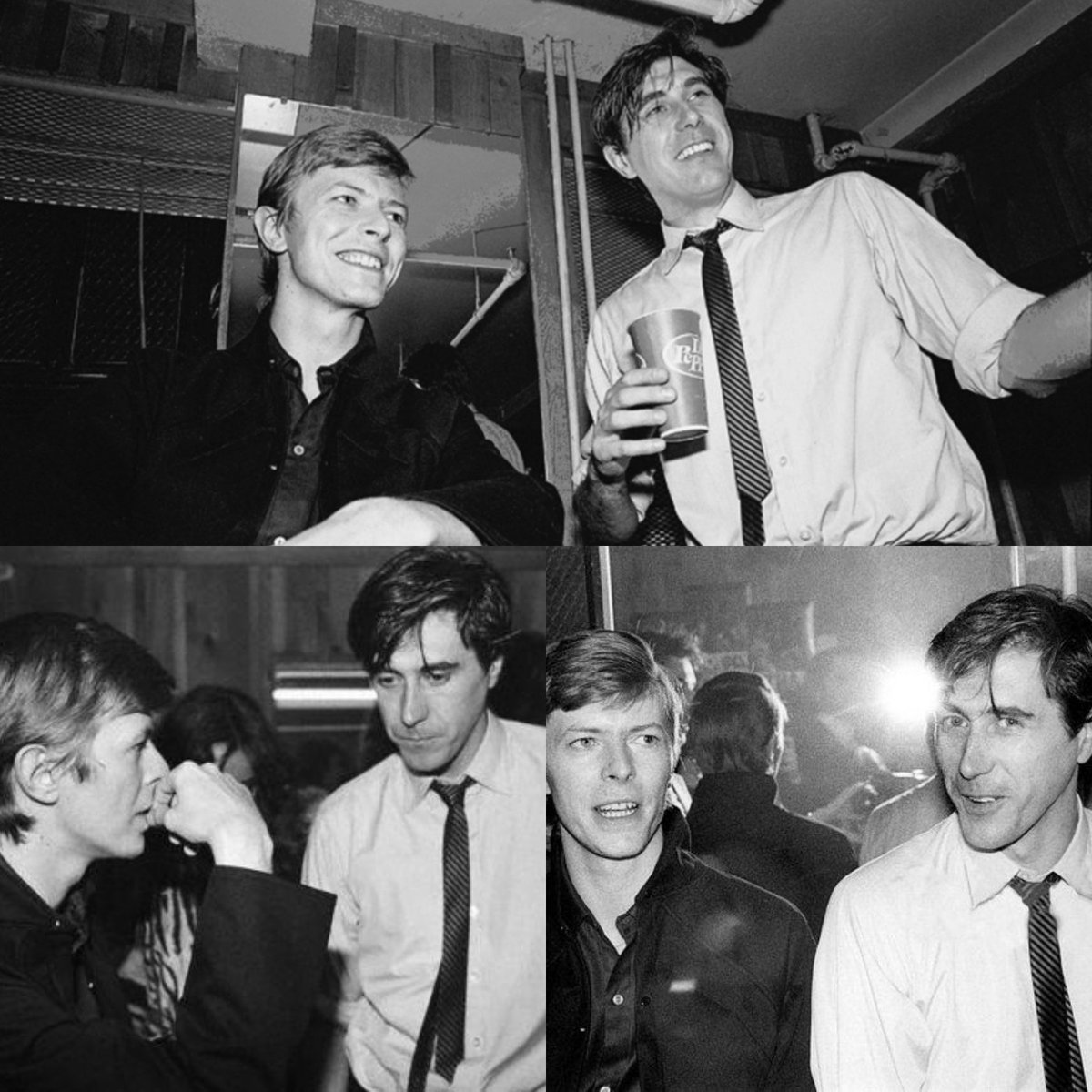 soundstoryuk's tweet photo. David Bowie &amp; Bryan Ferry
backstage after Roxy Music
concert at the Tower Theatre, 
Philadelphia 1979
(photo by Lisa Tanner) https://t.co/S2gcMqFvoH