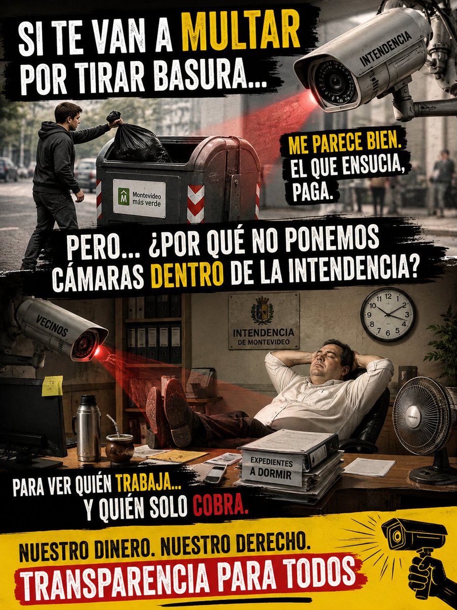 cambiaruru's tweet photo. La Intendencia va a llenar Montevideo de cámaras para multar a los vecinos que tiran basura fuera de los contenedores, ME PARECE PERFECTO. 
El que hace las cosas mal debe hacerse responsable.

Ahora, ya que estamos tan entusiasmados con las cámaras, ¿por qué no instalamos algunas dentro de la Intendencia?

No para recaudar, sino para que los contribuyentes podamos ver cuántos realmente trabajan, cuántos cumplen con su horario, cuánto tiempo se dedica a atender a la gente y cuánto a tomar café, conversar o mirar el celular.

Sería un ejercicio maravilloso de transparencia. 
Al fin y al cabo, esos sueldos no salen de un árbol: los pagan los uruguayos con sus impuestos.

Si el vecino debe soportar cámaras porque recibe un servicio, entonces quienes viven de los recursos públicos también deberían aceptar que los ciudadanos sepan cómo desempeñan su función.

Las cámaras no deberían servir solo para vigilar al ciudadano. También deberían servir para que el ciudadano pueda controlar a quienes administran su dinero.

Porque la transparencia es una calle de doble sentido... o no es transparencia, es simplemente controlar al de siempre.