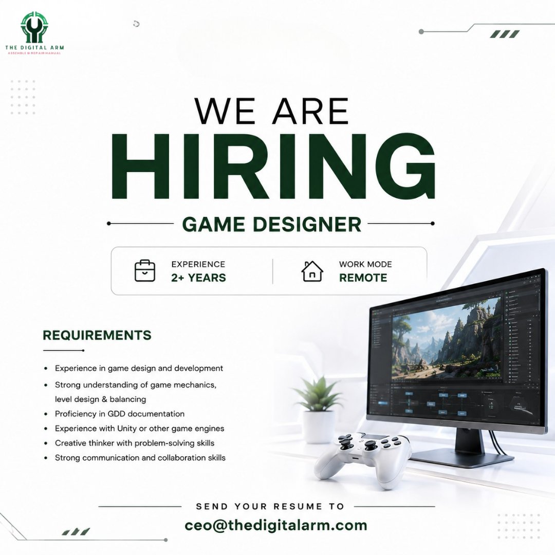 TheDigital_ARM's tweet photo. We're Hiring: Game Designer
Join The Digital ARM and help create engaging gameplay experiences.
Remote | 2+ Years Experience
Send your resume to: ceo@thedigitalarm.com
#Hiring #GameDesigner #Unity #RemoteJobs #TheDigitalARM https://t.co/1yfsmNBezQ