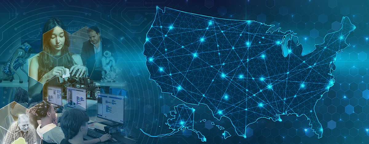Map of the U.S. with a collage of various NSF research to the left.