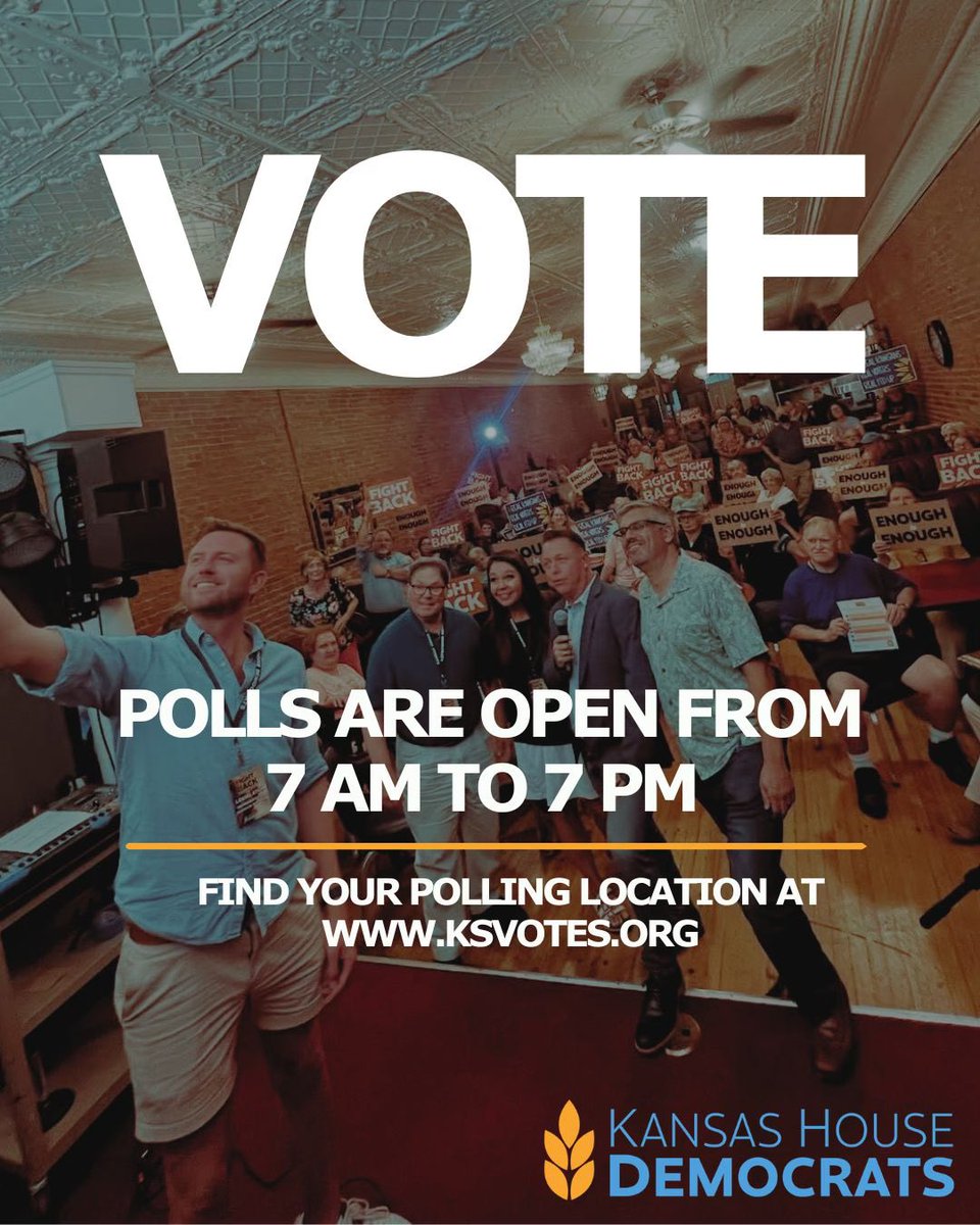 KSHouseDems's tweet photo. Happy Election Day to all who celebrate!

The polls are open today, August 4, from 7 am to 7 pm. 

You can find your polling location at https://t.co/JxLNDugzmq 🗳️ #ksleg https://t.co/tOtQZeMu1L