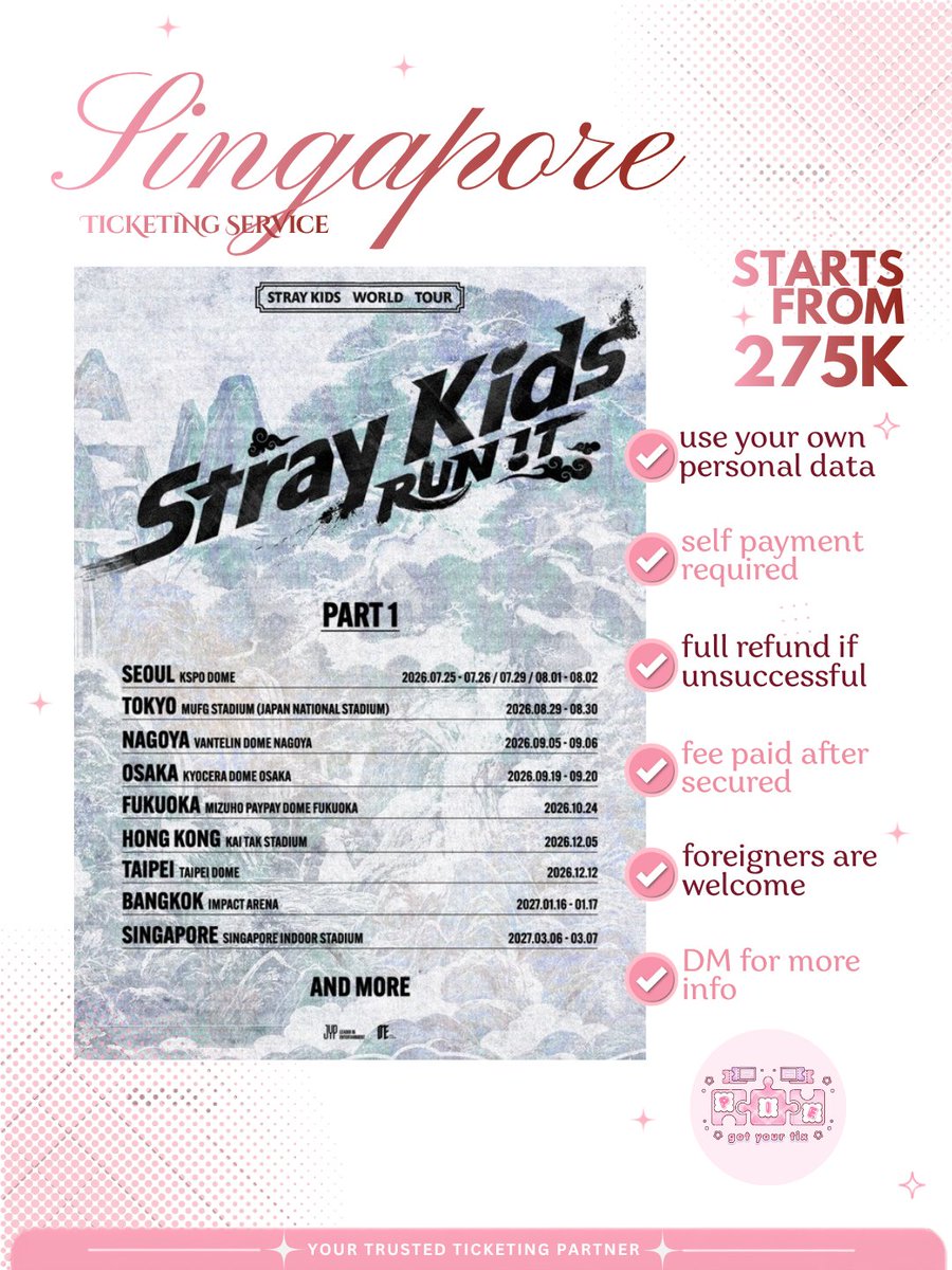 piegotyourtix's tweet photo. 📢 OPEN TICKETING SERVICE JASWAR JASTIP TIKET

STRAY KIDZ 'RUN IT' PART 1 in SINGAPORE

🎟️ PRESALE AND GENERAL SALE

💰 fee start 250k
• use your own data
• self payment

✨trusted 1000%
📩 https://t.co/QlTcSxFRRC

🏷️ proxy ticketing service jaswar jastip SKZ SG stay https://t.co/tR9jyF4R0H