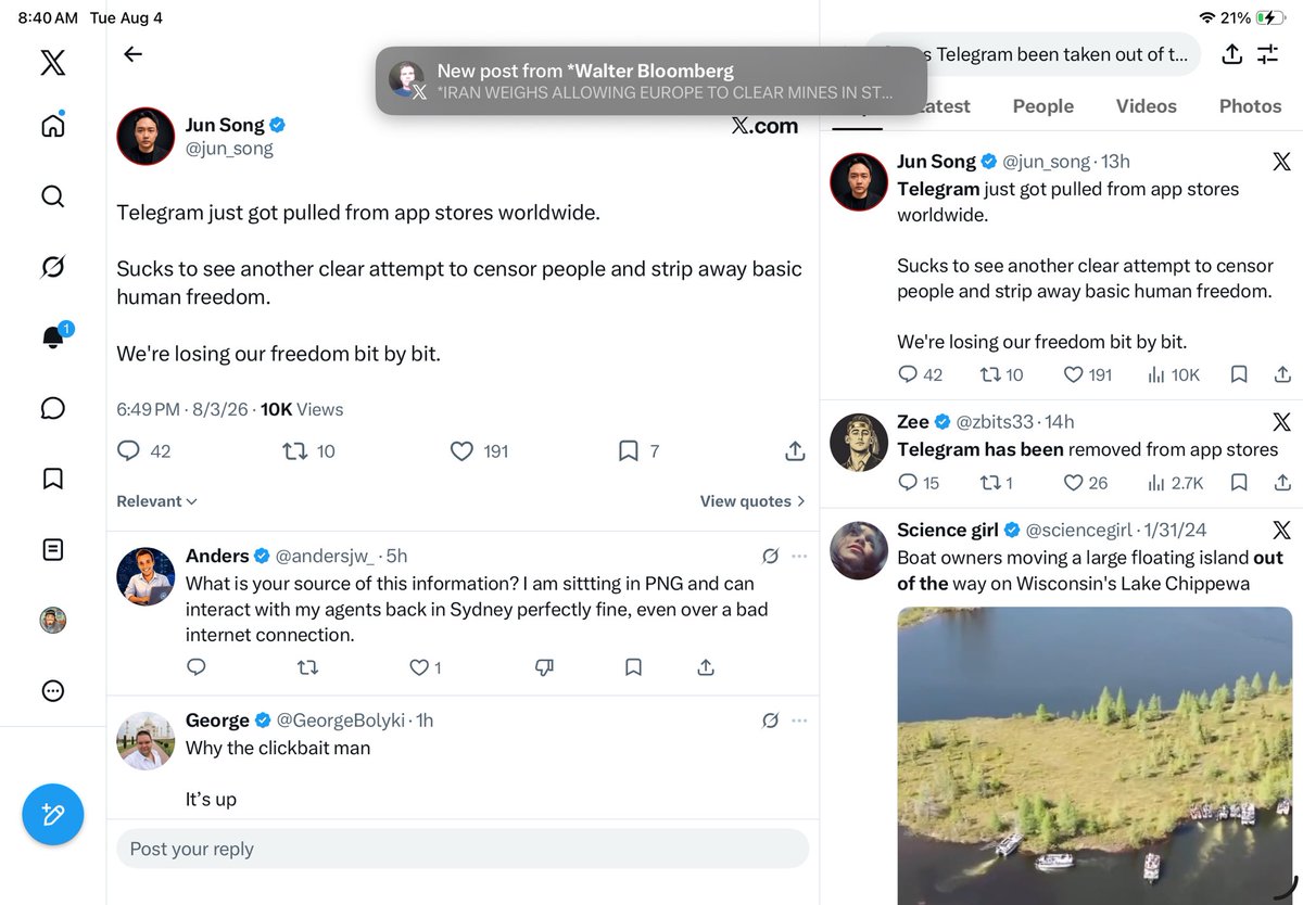 eth4peace's tweet photo. What’s going on Telegram being pulled from the App Store https://t.co/Pil9LbZTEy