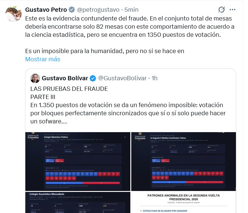 jflafaurie's tweet photo. Este post es un verdadero chiste:

Petro, el inventor de la matemática cuántica, valida las supuestas "pruebas" del fraude electoral que publica Gustavo Bolívar, el de las 150 plazas de mercado que nunca construyó cuando estuvo al frente del DPS.

Parece una escena de Chaparrón Bonaparte y Lucas Tañeda...