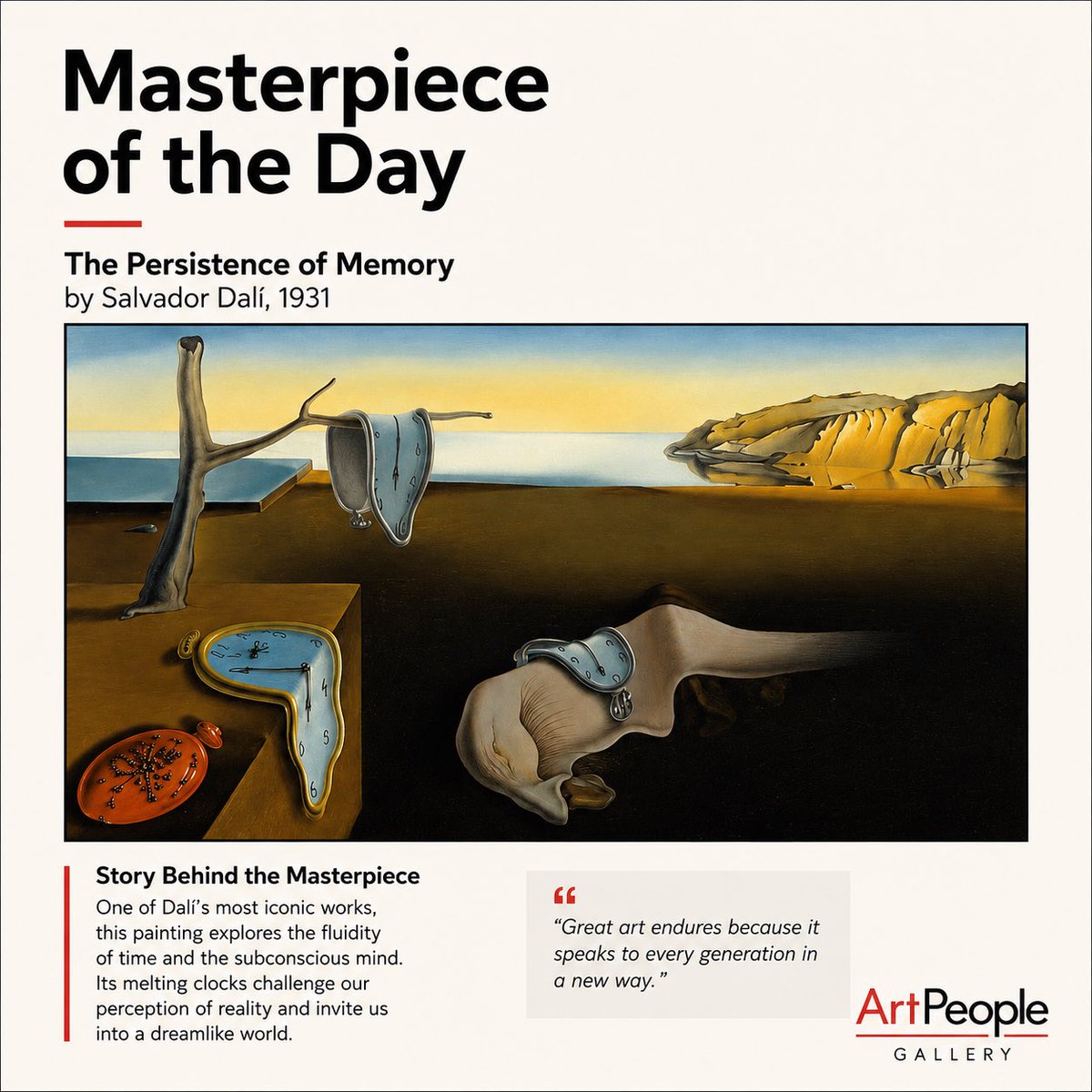 ArtPeopleSF's tweet photo. Masterpiece of the Day
The Persistence of Memory by Salvador Dalí, 1931 #dali #artpeoplegallery https://t.co/e0VPNYGgYy