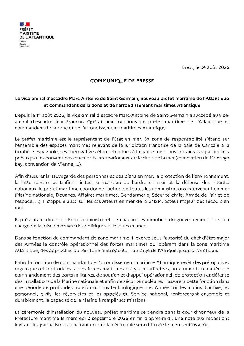 premar_ceclant's tweet photo. 🇫🇷 Le VAE Marc-Antoine de Saint-Germain est désormais préfet maritime de l’Atlantique !

Depuis  le 1er août 2026, il assure la représentation de l’État en mer et le  commandement de la zone Atlantique, garantissant sécurité, protection de  l’environnement et défense des intérêts nationaux.

👉 Lien du CP : https://t.co/dZWmSzhpfr

@MarineNationale @Armees_Gouv 
#MarineNationale #Defense #Atlantique