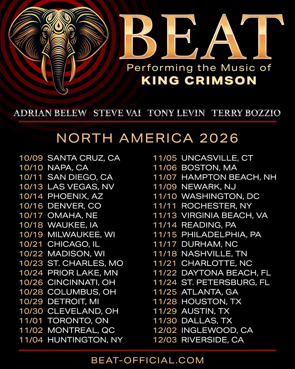 stevevai's tweet photo. BEAT is proud to announce we will be returning this fall for the last North American tour performing the music of KING CRIMSON — beginning in October and running through December. https://t.co/C9yf3mtCiL https://t.co/6uYEaGsvkA