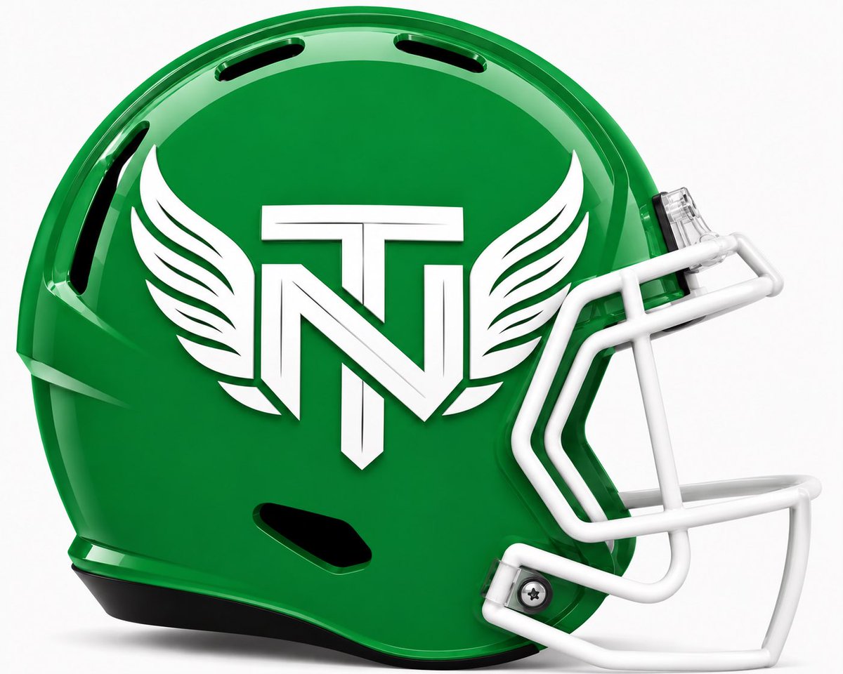 TimothyConnolly's tweet photo. Day 31 helmet release is the
North Texas Mean Green.
I created a new NT letter design and incorporated eagle wings inspired from their current helmet. I think this really pops and says NORTH TEXAS. #GMG #UNTFB #MeanGreen #DAT #AmericanPow6r https://t.co/qOLr0PZcgC