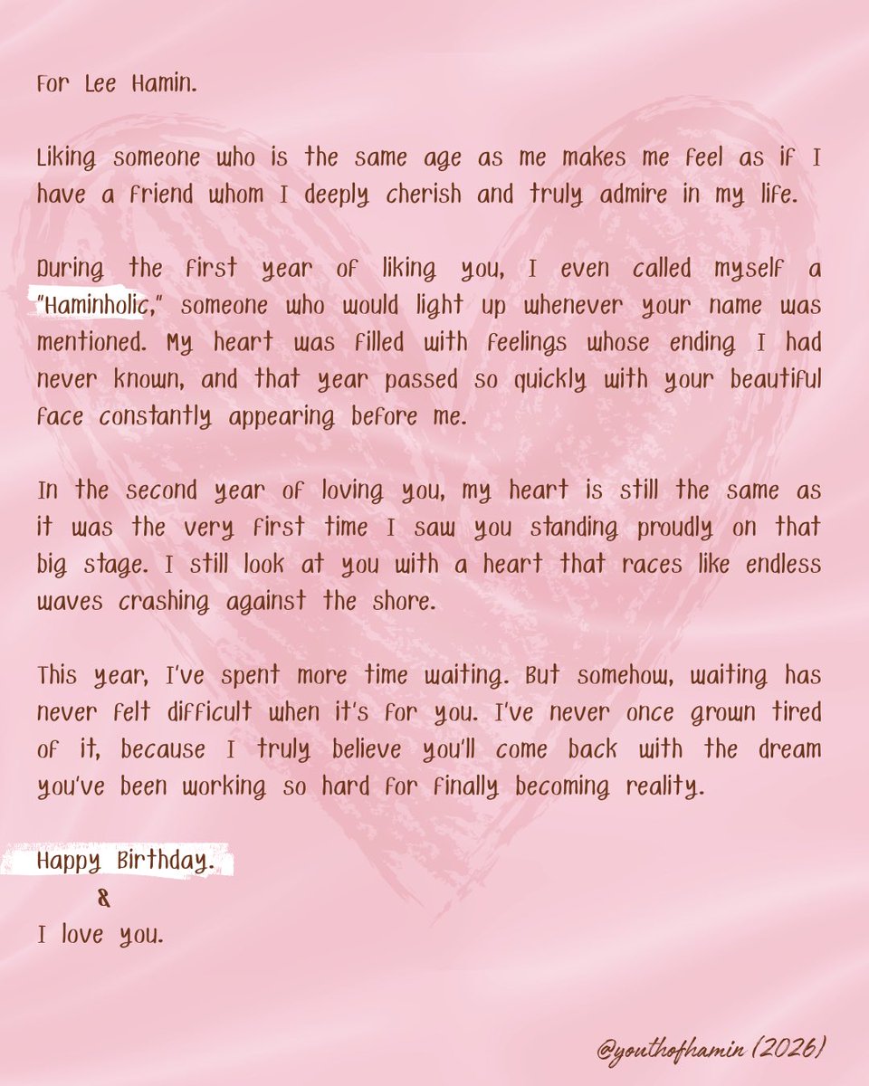 youthofhamin's tweet photo. My words for Hamin…

Thank you for becoming such a precious person in my life. Thank you for giving me so many reasons to smile.

I truly hope the day we’ve all been waiting for will come very soon.

HAPPY 20TH HAMIN DAY 🎂 
#해피하민데이_나의자전거소년
#20DreamsWithHamin https://t.co/ZeB1gkVbBC