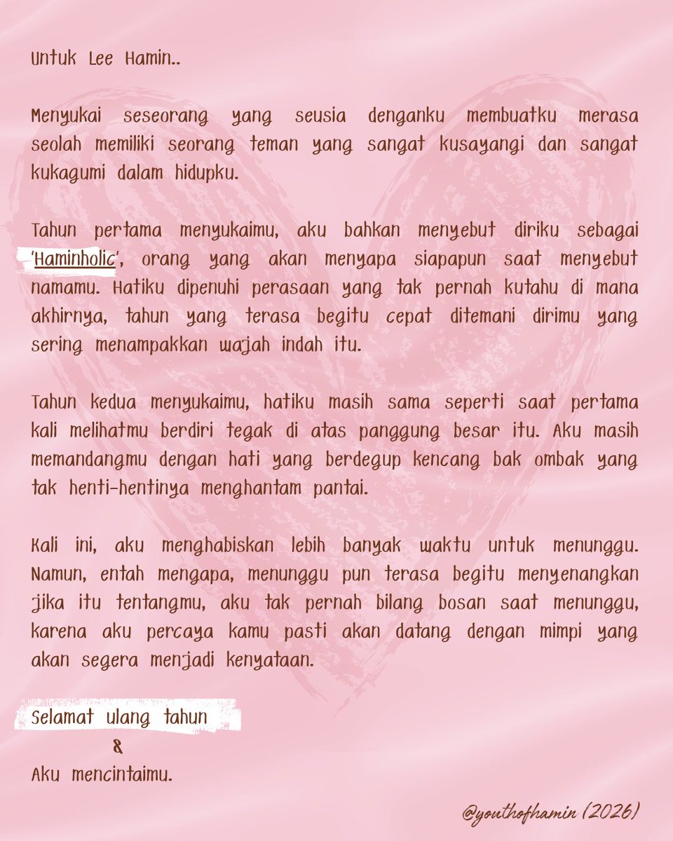 youthofhamin's tweet photo. My words for Hamin…

Thank you for becoming such a precious person in my life. Thank you for giving me so many reasons to smile.

I truly hope the day we’ve all been waiting for will come very soon.

HAPPY 20TH HAMIN DAY 🎂 
#해피하민데이_나의자전거소년
#20DreamsWithHamin https://t.co/ZeB1gkVbBC