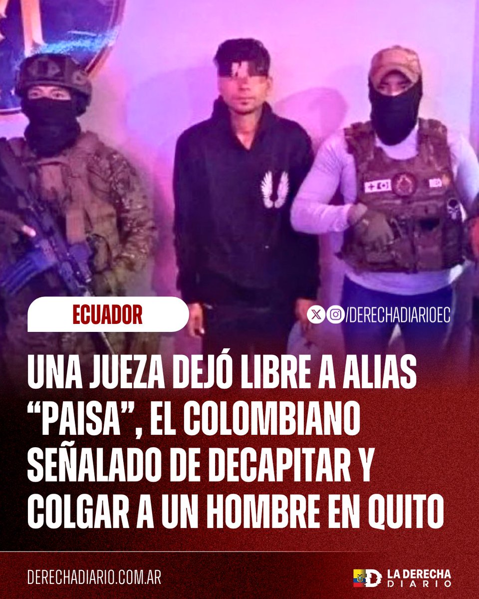 DerechaDiarioEC's tweet photo. 🚨🇪🇨 | INDIGNANTE: Una jueza de Flagrancia de Quito dejó en libertad a alias “El Paisa”, el colombiano señalado como responsable del asesinato y decapitación del hombre hallado colgado en un puente de Llano Chico.

El criminal ni siquiera fue procesado por el crimen: Solo irá a juicio por tenencia ilegal del arma con la que fue capturado y permanecerá en las calles hasta la audiencia del 20 de agosto.