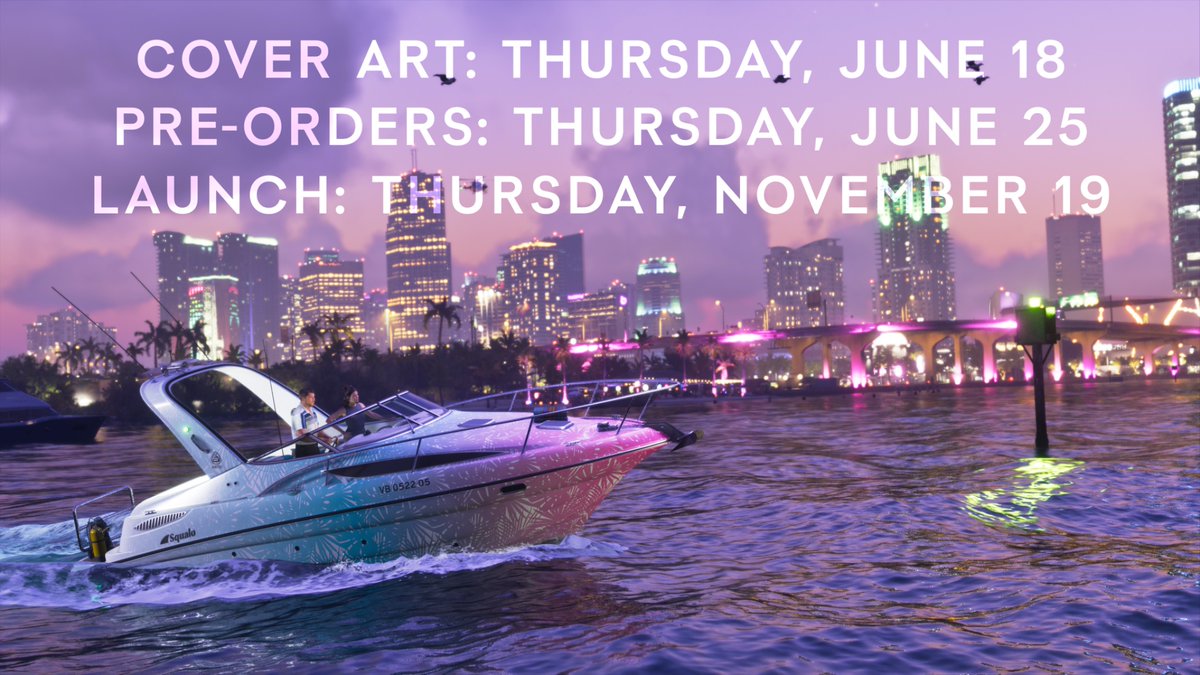 GTAVI_Countdown's tweet photo. Today is the last Tuesday before Take-Two’s earnings call, but Rockstar has been favoring Thursday more recently, as the cover art reveal and pre-orders were both on a Thursday.

The game also launches on a Thursday (November 19).

This Thursday, August 6th (a day before the earnings call) will mark a significantly higher chance for a new announcement or trailer reveal.