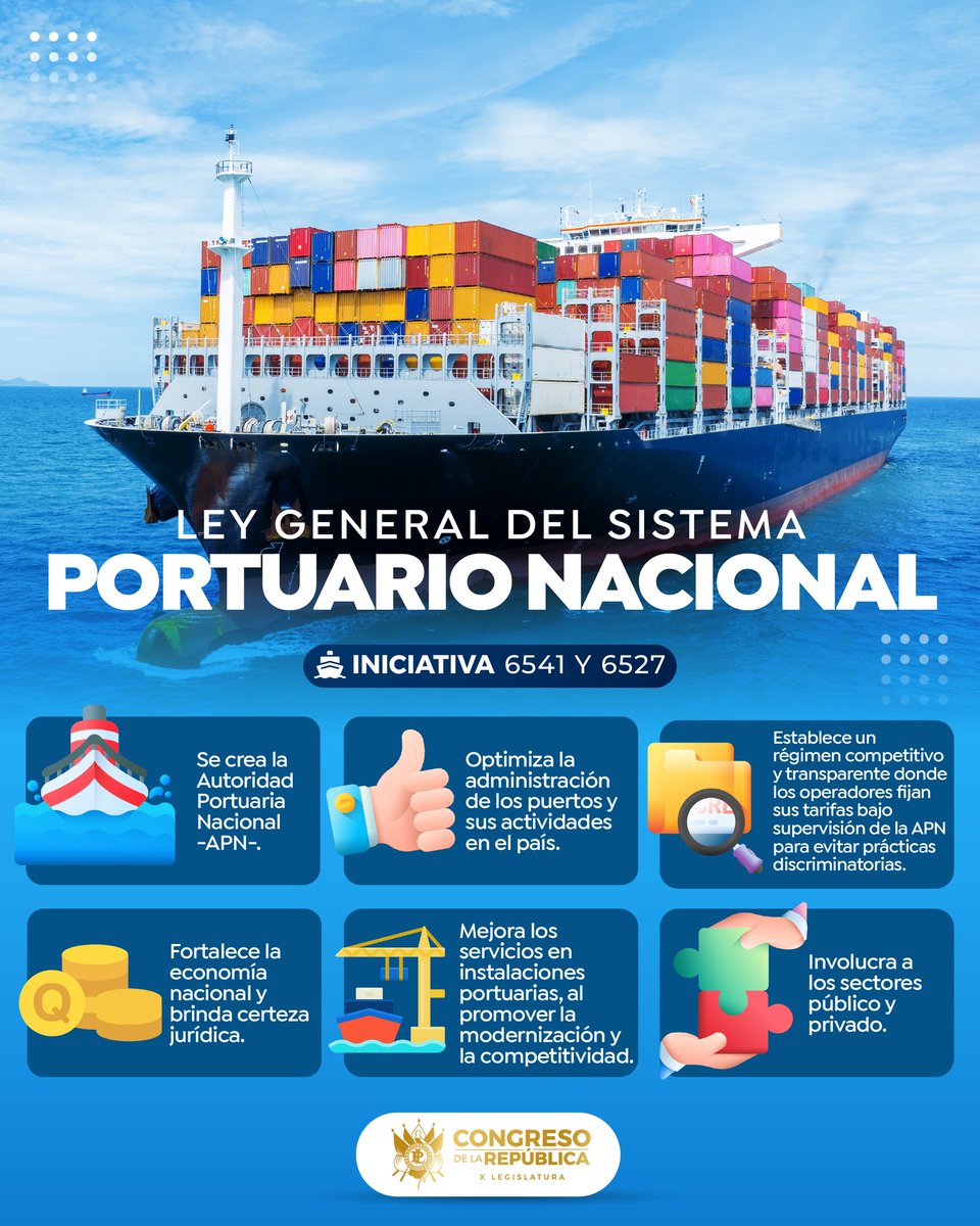 CongresoGuate's tweet photo. 🚢 Conoce los beneficios de la propuesta que impulsa la ley general del Sistema Portuario Nacional, la cual busca optimizar la administración de los puertos, modernizar, fortalecer la economía nacional y brindar mayor certeza jurídica al país.  

Hoy se discutirá por artículos y redacción final durante la sesión plenaria⬇️

🏛️ #XLegislatura