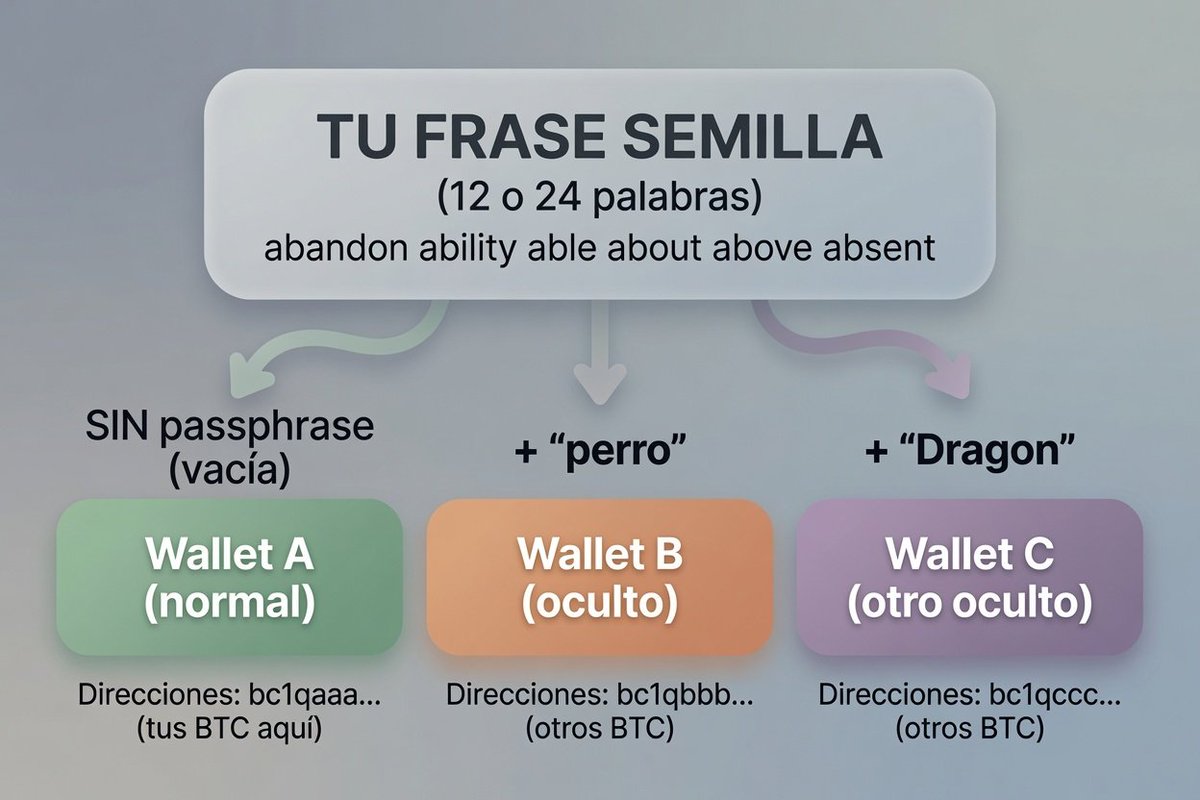 DragonCrip's tweet photo. 🚨 URGENTE – DEJA TODO LO QUE ESTÁS HACIENDO:

Todo usuario de cripto debería tener mínimo 12 palabras + una passphrase (es decir, 13 elementos de seguridad).

Y hacer esto es muy fácil. Guarda este post.

Es decir: si te hackean, te roban o pasa cualquier cosa, tendrán tus 12 palabras, pero les faltará la passphrase.

Incluso si por fuerza bruta (usando las 2048 palabras) encuentran tu combinación, les faltará la passphrase.

# La passphrase te da muchas ventajas:

1. La principal: Aumenta la seguridad de forma exponencial.

2. Te permite tener muchas wallets en un mismo dispositivo (aunque por configuración normalmente solo puedes tener una).

3. Funciona como la mejor alarma para saber si alguien vulneró tu frase semilla. La passphrase te da tiempo para mover tus activos.

4. Te protege ante un robo físico. Si alguien te roba, puedes entregar tu frase semilla con fondos que funcionan como “anzuelo”, mientras tus activos principales están protegidos con la passphrase.

Con todo esto estás obligado a blindar la seguridad de tus activos, tus wallets y tu semilla.

# Vamos al lodo:

La palabra número 13 (o passphrase), al agregarla, te genera un nuevo binario (el mal llamado “nueva frase semilla”).

Cómo funciona normalmente:

- 12 palabras → binario inicial (132 bits)  
- Ese binario se procesa  
- Resultado → un binario final (512 bits)

Ejemplo de resultado:  
`a7f3b92c1e8d4f6a9b2c5e7d1a3f8b4c6e9d2a5f7b1c4e8d3a6f9b2c5e7d1a`

Con la passphrase “perro” y las mismas 12 palabras:

- 12 palabras → binario inicial (132 bits)  
- Ese binario + passphrase → se procesan juntos  
- Resultado → nuevo binario final (512 bits)

Ejemplo de resultado:  
`3e9c1f8a2b7d4e6c9a1f5b8d2e7c4a9f1b6d3e8c5a2f7b4d1e9c6a3f8b2d5e`

Cambia todo el número de principio a fin.

# Ejemplo práctico:

- 12 palabras + sin passphrase → Wallet principal  
- 12 palabras + passphrase “perro” → Wallet oculto 1  
- 12 palabras + passphrase “Dragon” → Wallet oculto 2  

Para entrar a las wallets ocultas necesitarás la passphrase. Si la pierdes, pierdes el acceso.

Como ventaja, mucha gente usa como passphrase una palabra o frase que tiene memorizada en su cabeza y no la registra en ningún lado. Sin embargo, yo no lo recomiendo de esa manera.

---

# Volviendo a los beneficios (puntos 3 y 4):

En la wallet principal (sin passphrase) siempre debes dejar un saldo, por ejemplo $500 o $1000. Si se roban ese dinero, es la alarma de que tu frase semilla fue comprometida. Esto te da tiempo para mover los activos que están protegidos con passphrase.

En caso de que te entren a robar y sepan que tienes cripto, entregas la wallet principal con activos (el anzuelo).

# Punto 2:

Te permite tener muchas wallets en un mismo dispositivo (una por cada passphrase).

# Cómo se entra a cada wallet en hardware doy 2 tipos de ejemplo generales:

En Ledger:
Configuras un PIN de acceso por cada passphrase que creas.  
Ejemplo:  
- PIN 0001 → Wallet principal  
- PIN 0010 → Wallet con passphrase “perrito”  
- PIN 0100 → Wallet con passphrase “Dragon”  

Cuando enciendes la Ledger, según el PIN que pongas, entras a una wallet u otra.

En Trezor:
Configuras las passphrases. Cada vez que entras te pide que escribas la passphrase y a partir de ahí te abre esa wallet.

En Hot Wallets como Rabby:
Solo te pide que cargues las 12 palabras + la passphrase y listo. Ya queda visible en el panel general.

---

# Como se guardan
Las frase semilla impresa en metal en un lugar y las passphrase en otro lugar o domicilio

Este es un resumen de lo importante que es tener passphrase.  
Lectura obligada para todo usuario de crypto.