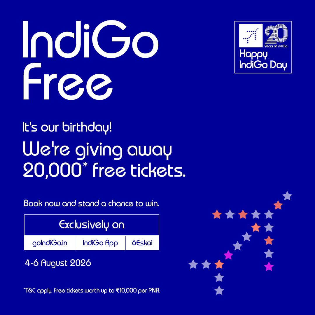 IndiGo6E's tweet photo. Happy IndiGo Day Offer is live. Join the celebration and stand a chance to win free tickets. Book now. T&amp;C apply. Free tickets worth up to ₹10,000 per PNR.