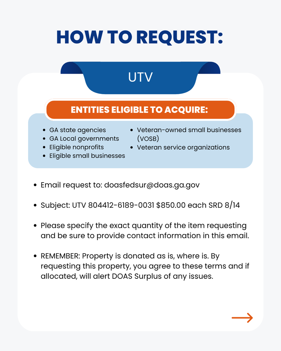 GeorgiaDOAS's tweet photo. Request this UTV from GA DOAS Surplus by August 14! Email doasfedsur@doas.ga.gov with item name, quantity, and contact info. Must be enrolled in the GA Surplus Property Program. #SurplusProperty #GeorgiaDOAS #UTV https://t.co/xqzh52Q5Mp