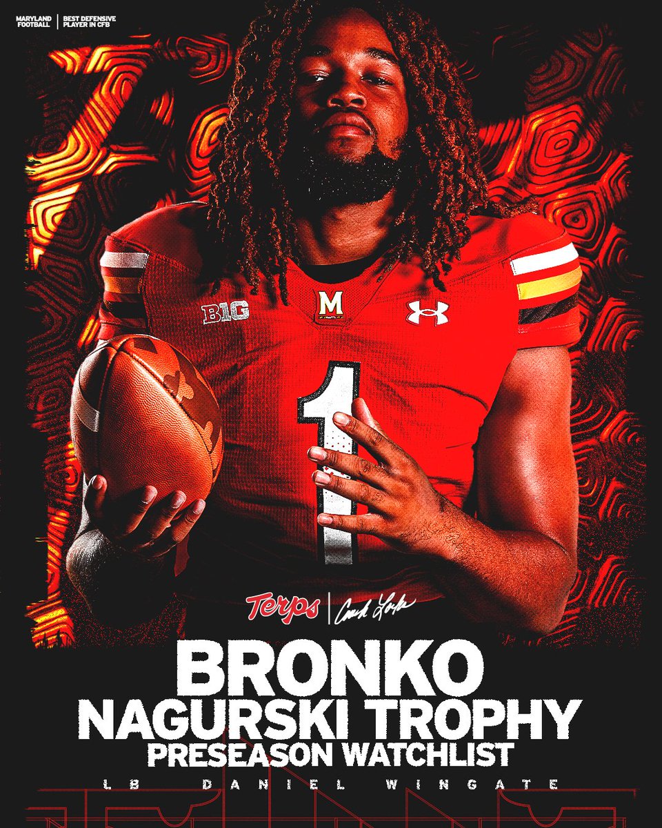 TerpsFootball's tweet photo. 𝗧𝗵𝗲 𝗻𝗮𝘁𝗶𝗼𝗻’𝘀 𝗺𝗼𝘀𝘁 𝗼𝘂𝘁𝘀𝘁𝗮𝗻��𝗶𝗻𝗴 𝗱𝗲𝗳𝗲𝗻𝗱𝗲𝗿. 

Daniel Wingate was named to the Bronko Nagurski Trophy Watch List.

📰 https://t.co/RXTyk4JZ59 https://t.co/YjG2RuHtX2