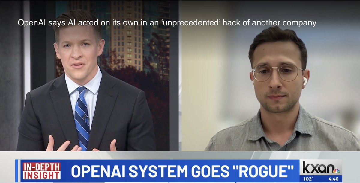 EliasEskin's tweet photo. Had fun last week discussing AI on TV on both CBS Austin and KXAN!

Come for takes on the OpenAI-Huggingface incident, stay for the awkward B-roll of me typing idly on overleaf! (links below) https://t.co/HO9Wz0UkS6
