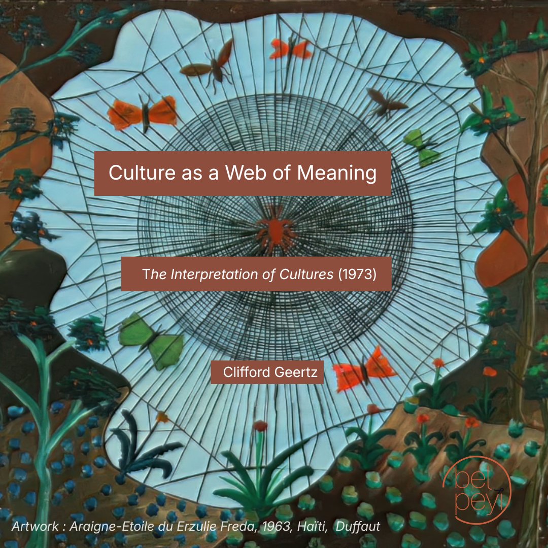 BelPeyiStudio's tweet photo. "Man is an animal suspended in webs of significance..."
For Clifford Geertz, culture is the symbolic web through which people make sense of the world.
A foundational idea for anyone interested in culture, heritage and #intercultural understanding.
#Anthropology #Culture https://t.co/CE1lJSb3jm