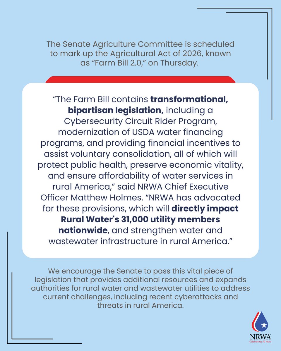 NRWA's tweet photo. (1/2) The Senate Agriculture Committee is scheduled to mark up the Agricultural Act of 2026, known as “Farm Bill 2.0,” on Thursday.

 We encourage the Senate to pass this vital piece of legislation that provides additional resources and expands authorities for rural water and https://t.co/Rra6dulNSH